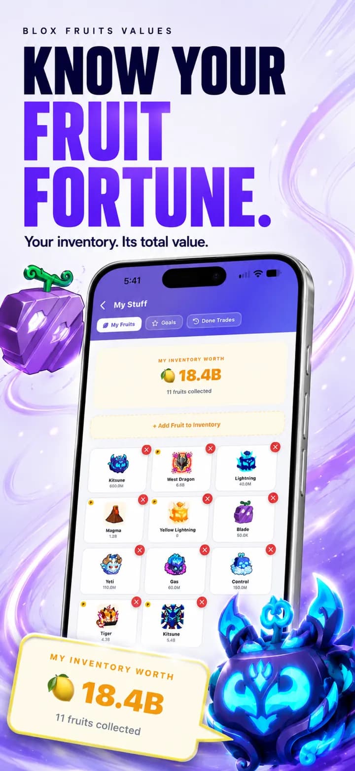 Inventory screen in the Blox Fruits Values app showing owned fruits and their combined total value