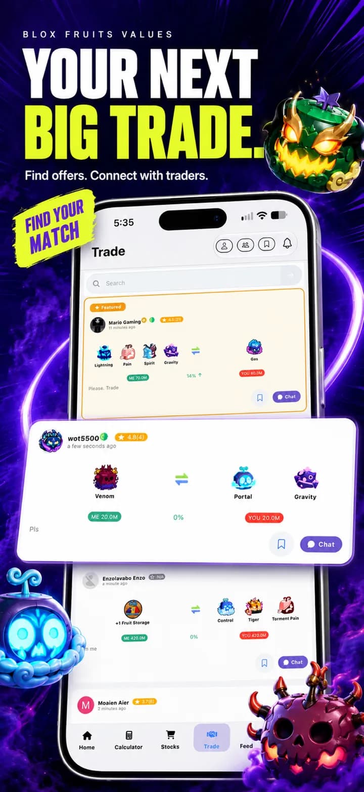 Trade listings in the Blox Fruits Values app showing player offers with both sides of each fruit trade