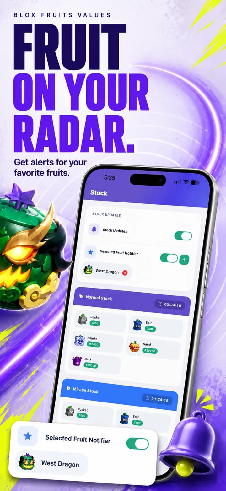 Stock alerts screen in the Blox Fruits Values app with notifications set for selected fruits
