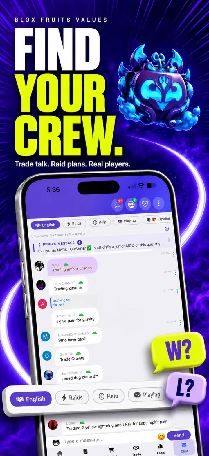 Community chat channels in the Blox Fruits Values app where traders discuss fruit values and offers