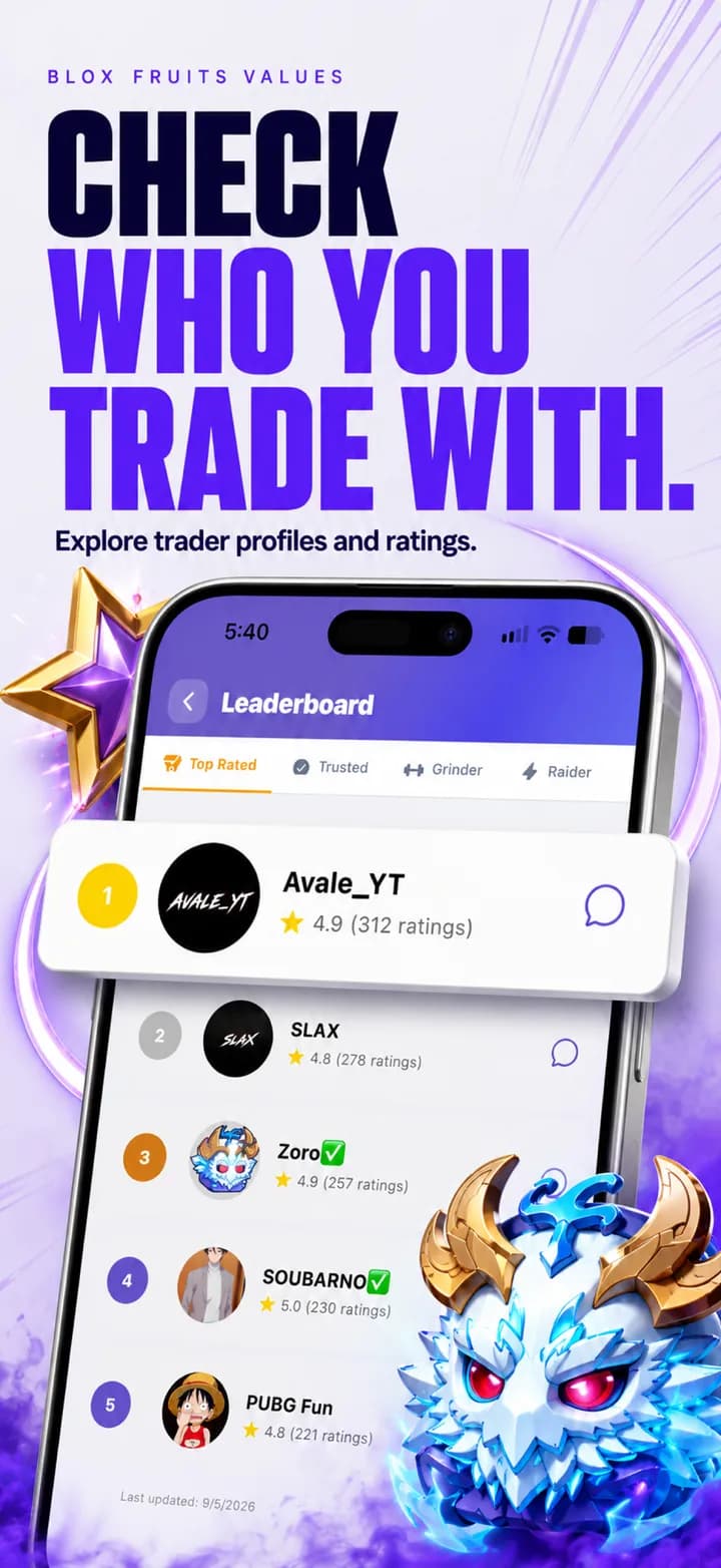 Trader ratings screen in the Blox Fruits Values app showing player reputation and trade history